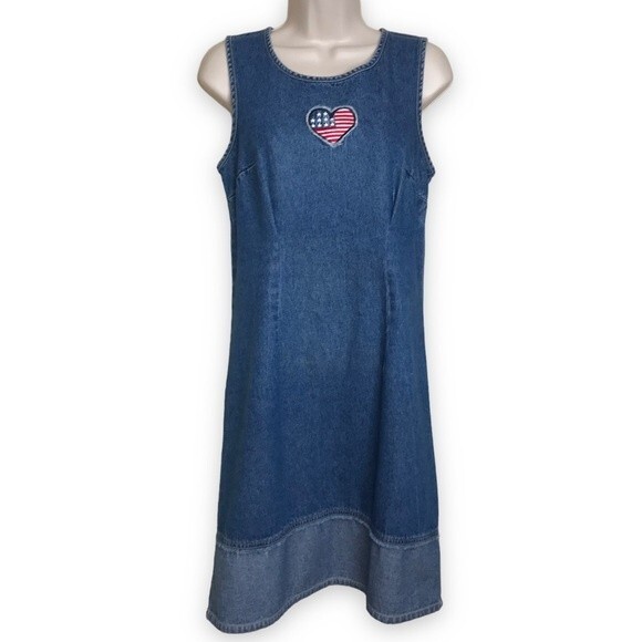 Vintage Expressions Denim Dress Jumper Flag Heart Distressed Sleeveless Size 6 - Picture 1 of 10